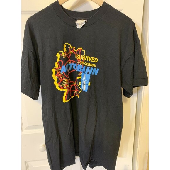 Vtg 80s T‎ Shirt Screen Stars I Survived The German Autobahn Sz XL Black - Picture 4 of 7